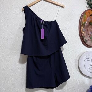 New‎ Plumberry women's S Navy Blue One Shoulder Tiered Romper casual polyester